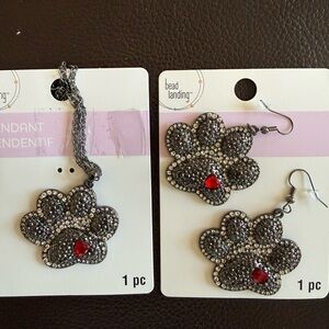NEW Paw Print Jewelry Necklace and Earrings Set with Red Accents